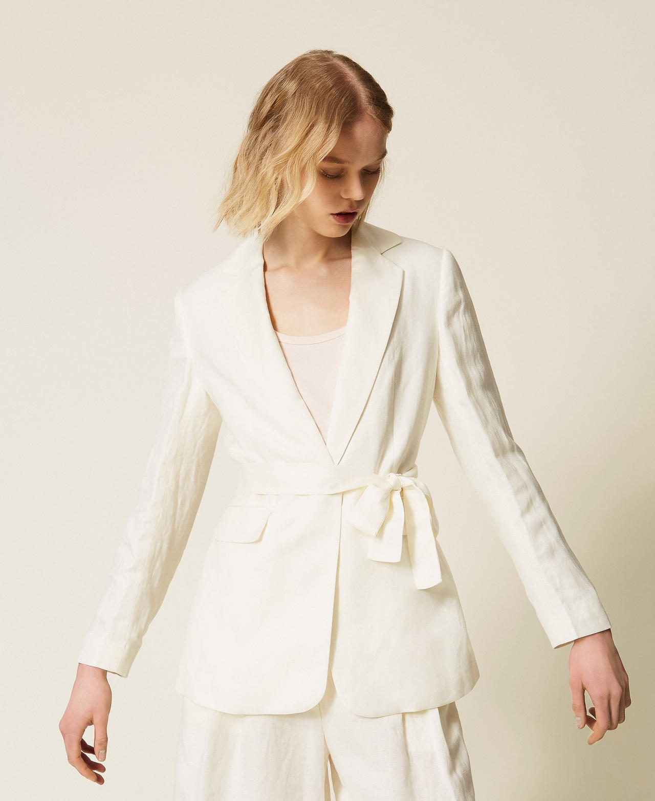 Linen blend blazer with belt Off White Woman 261LL2NHH_00526_01