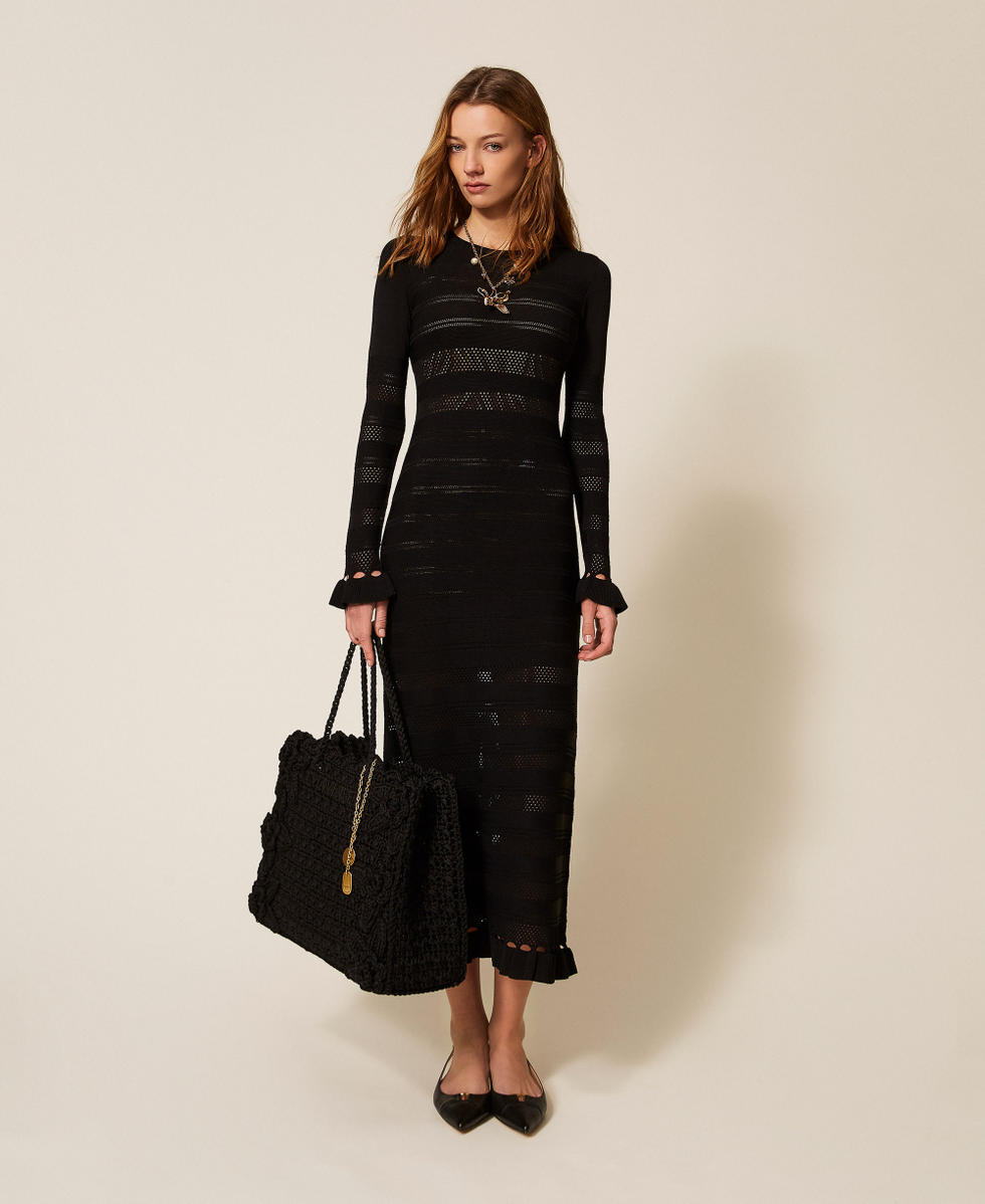 Langes Strickkleid mit Volant Schwarz Frau 261TP3080_00006_T0