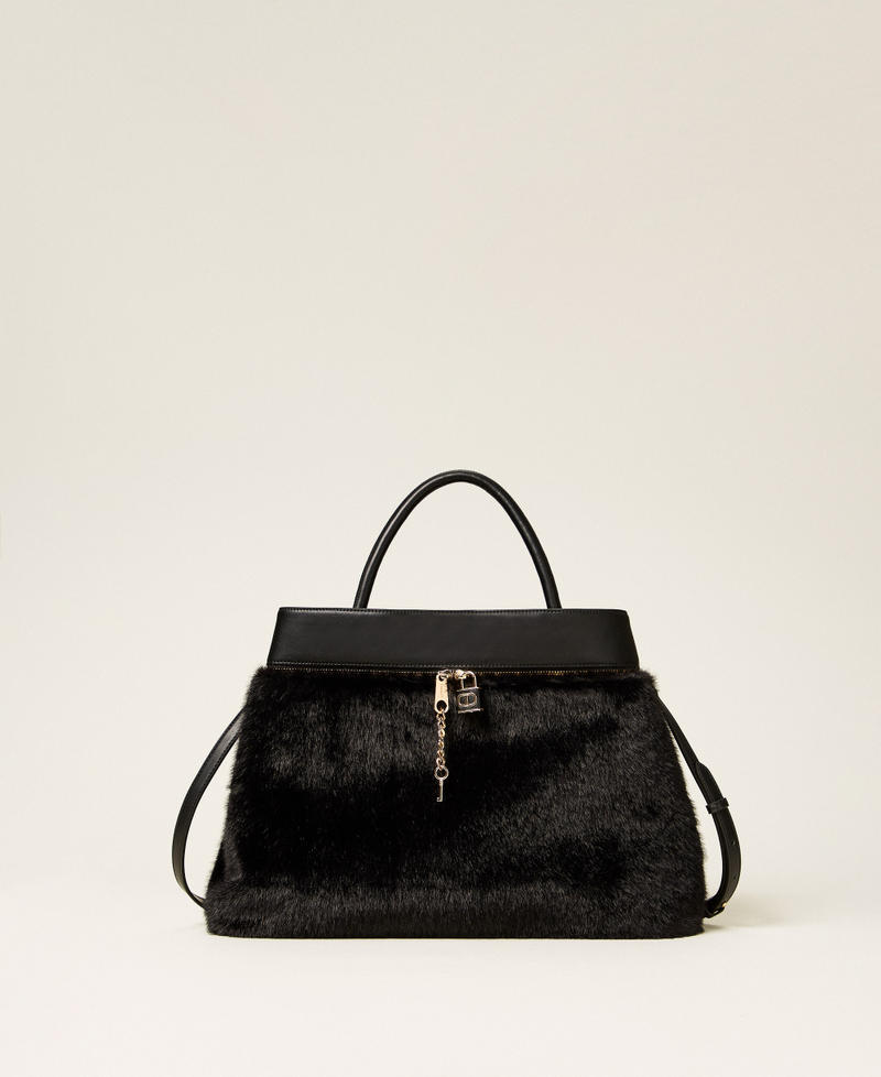 Bolso shopper de pelo sintético con lock Oval T Negro Mujer 252TD8400_00006_01