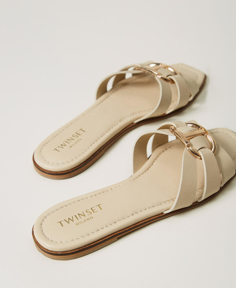 Leather slides with Oval T Pale "Ginger Root” Beige Woman 251TGT090_11640_03