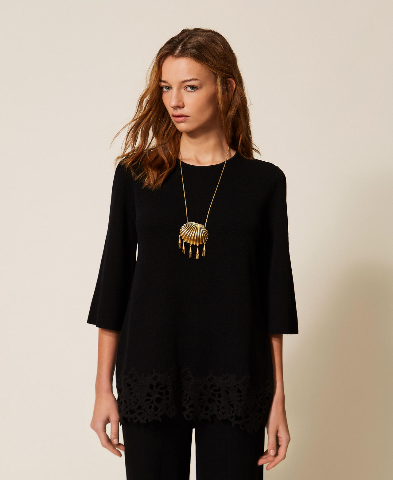 Twinset Women's Black Maxi Jumper With Lace