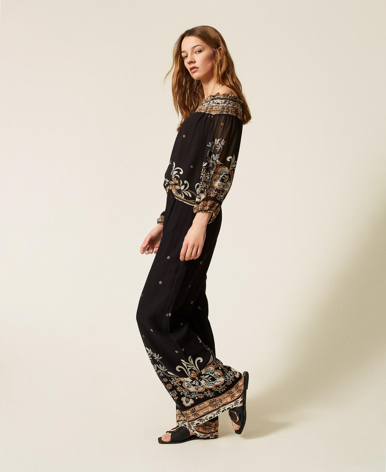 Georgette wide printed trousers Black Foulard Print Woman 261LB2LDD_13225_02