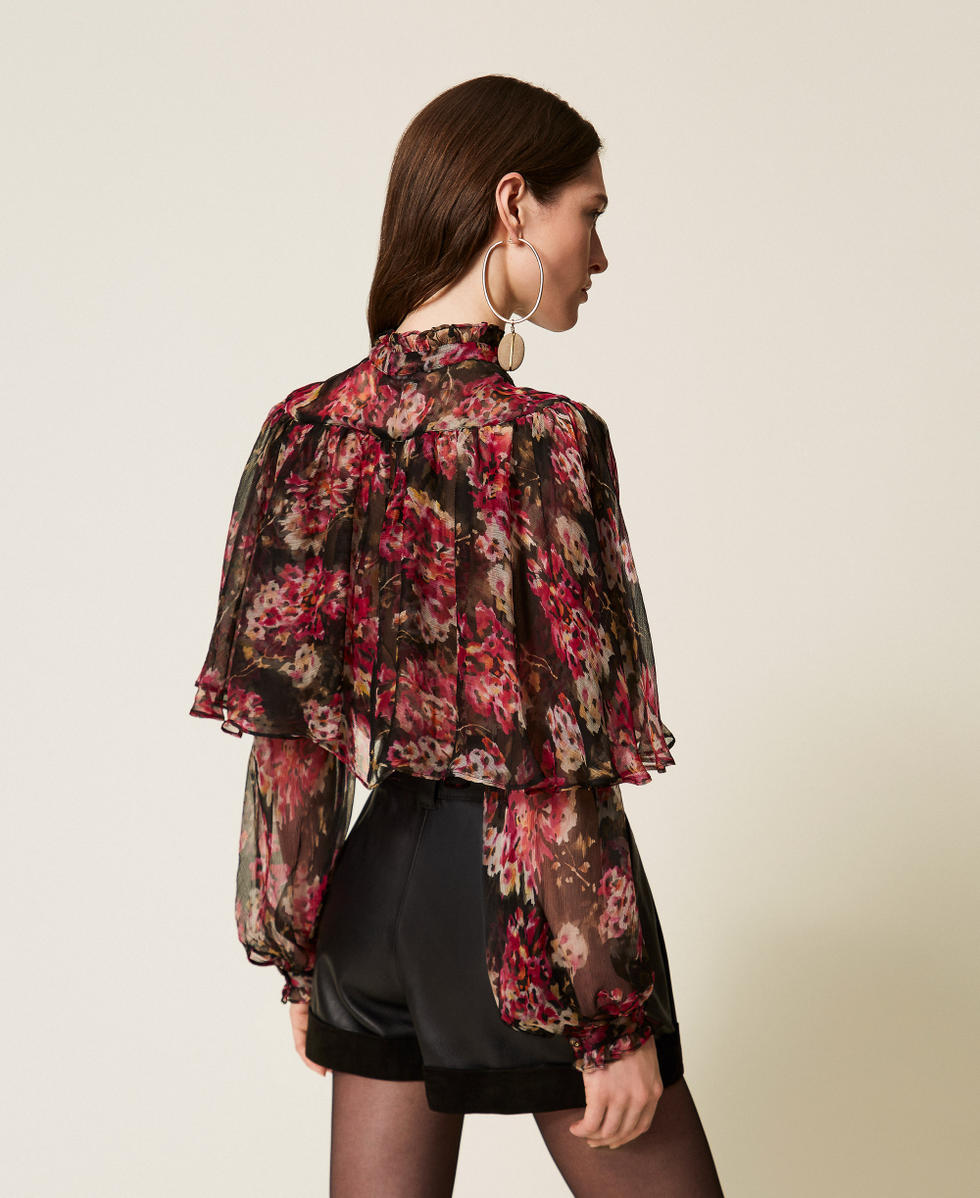 Silk creponne floral shirt Black/Magenta Floral Print Woman 252TS2351_13099_03