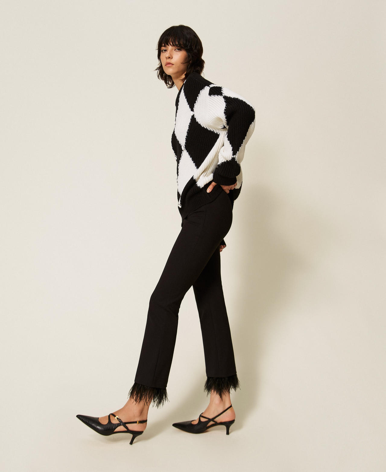 TWINSET - Pantalon évasé avec plumes, Femme, Noir, S