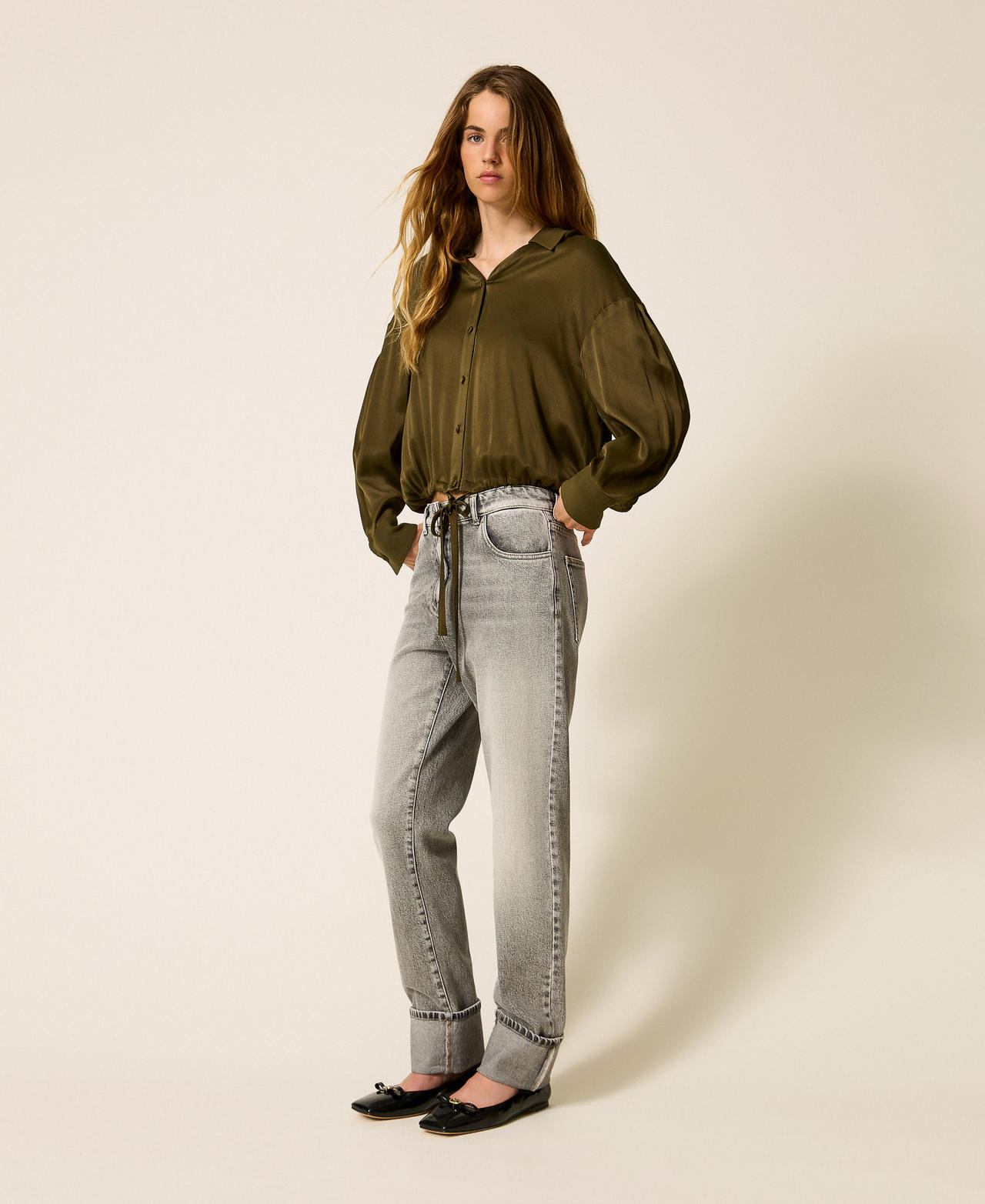 Jean droit avec revers Denim Gris Délavé Femme 252AP2430_07284_02