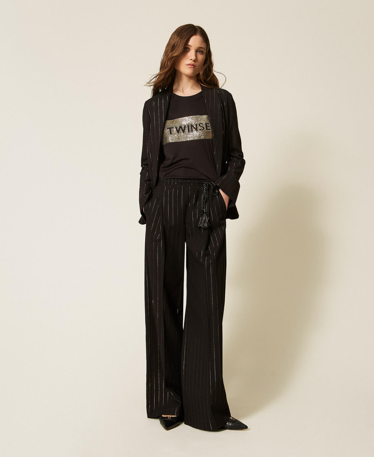 Pantalon ample à rayures lurex