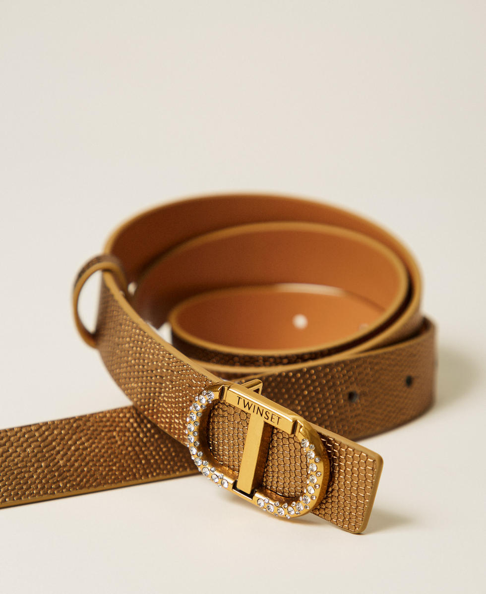 Leather belt with Oval T rhinestones Yellow Gold Woman 252TO5510_10366_02