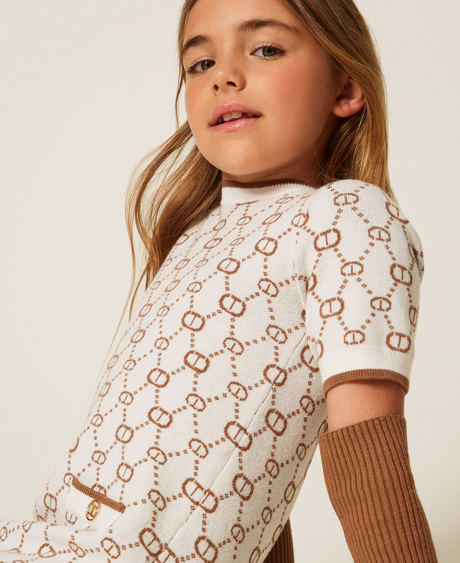 Short jacquard knit dress with removable sleeves Papyrus White/Camel Micro Logo Girl 252GJ3020_12794_04