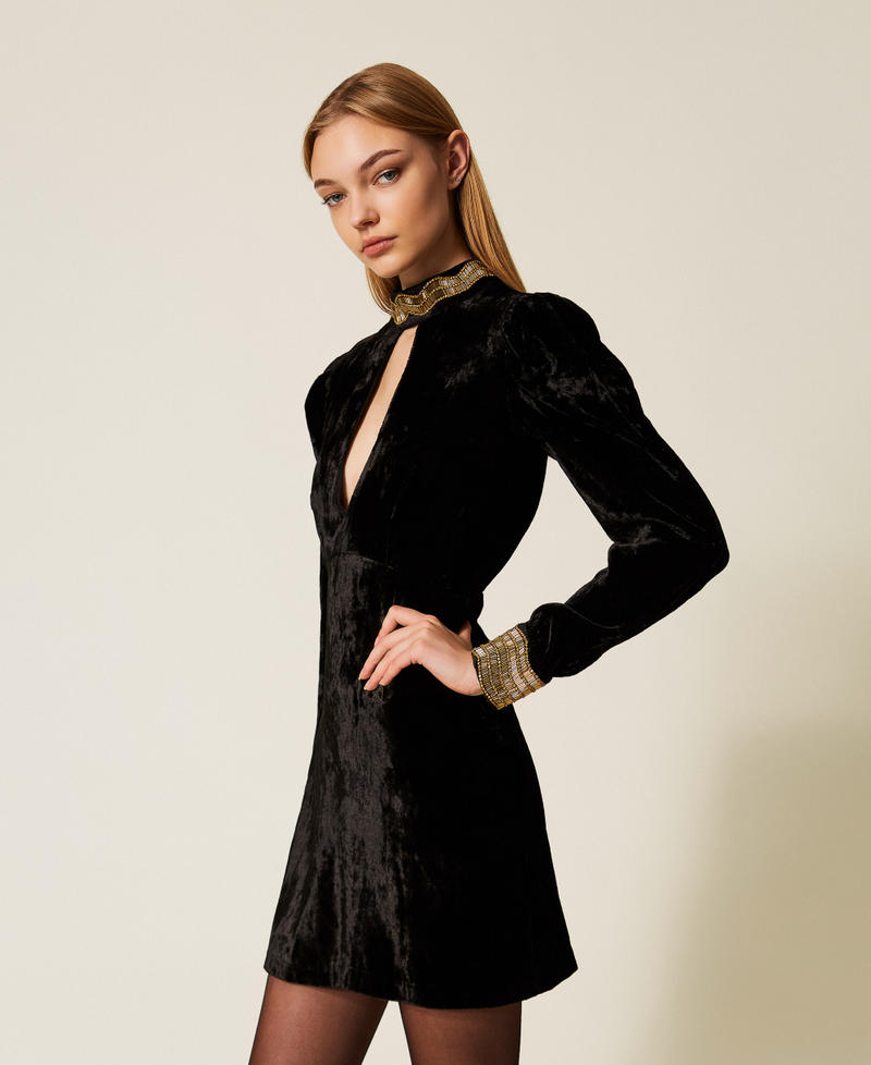 Short velvet dress with embroidery Black Woman 252TS2270_00006_02