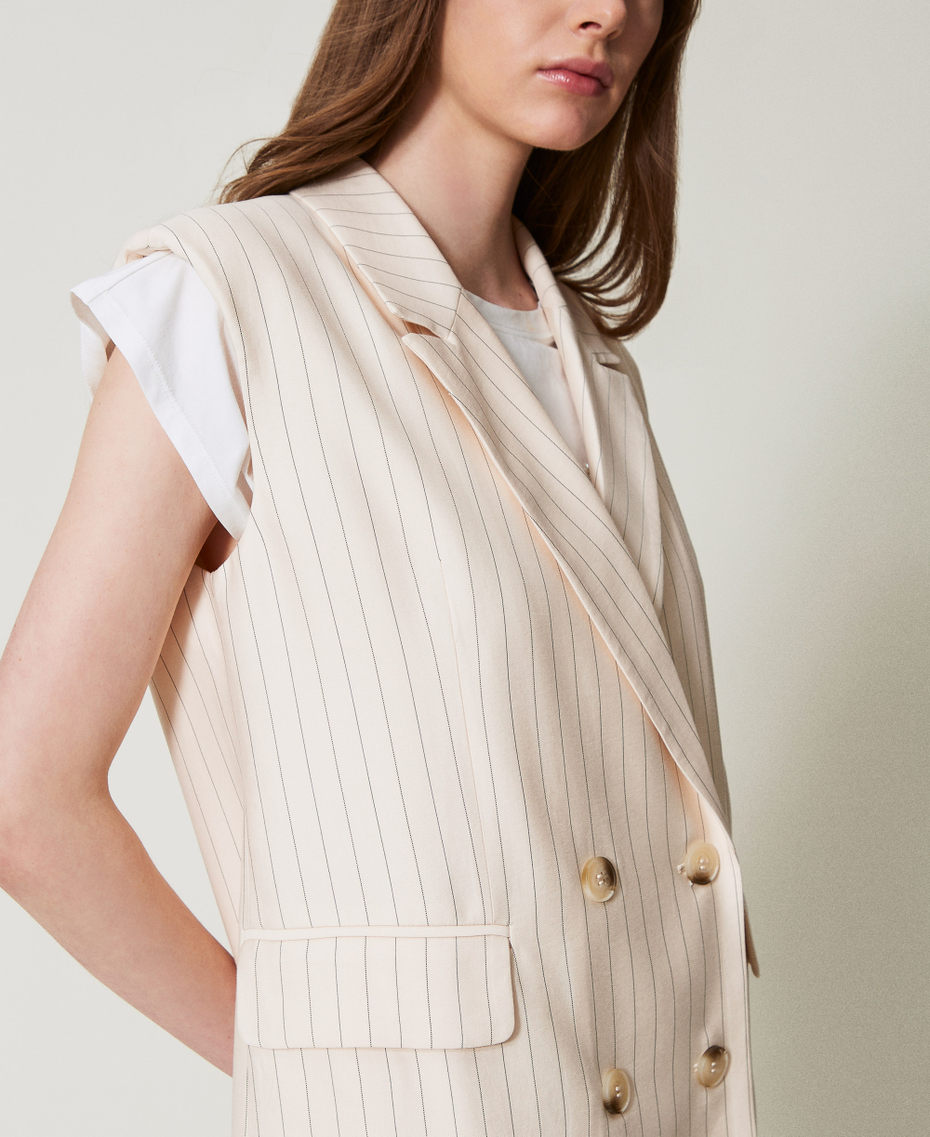 Sleeveless double-breasted pinstripe jacket Beige/Black Pinstripe Woman 251LL2AAA_12247_04