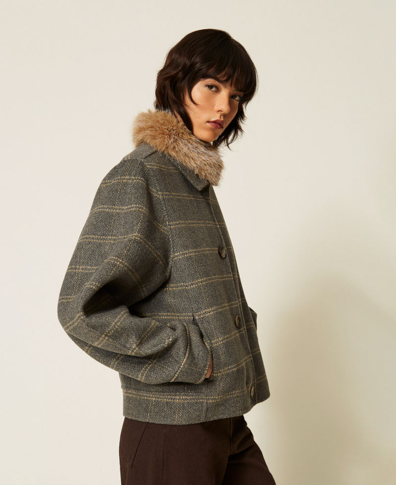 Double check wool caban coat with faux fur Grey Melange/Mustard Check Woman 262TP2221_13841_03