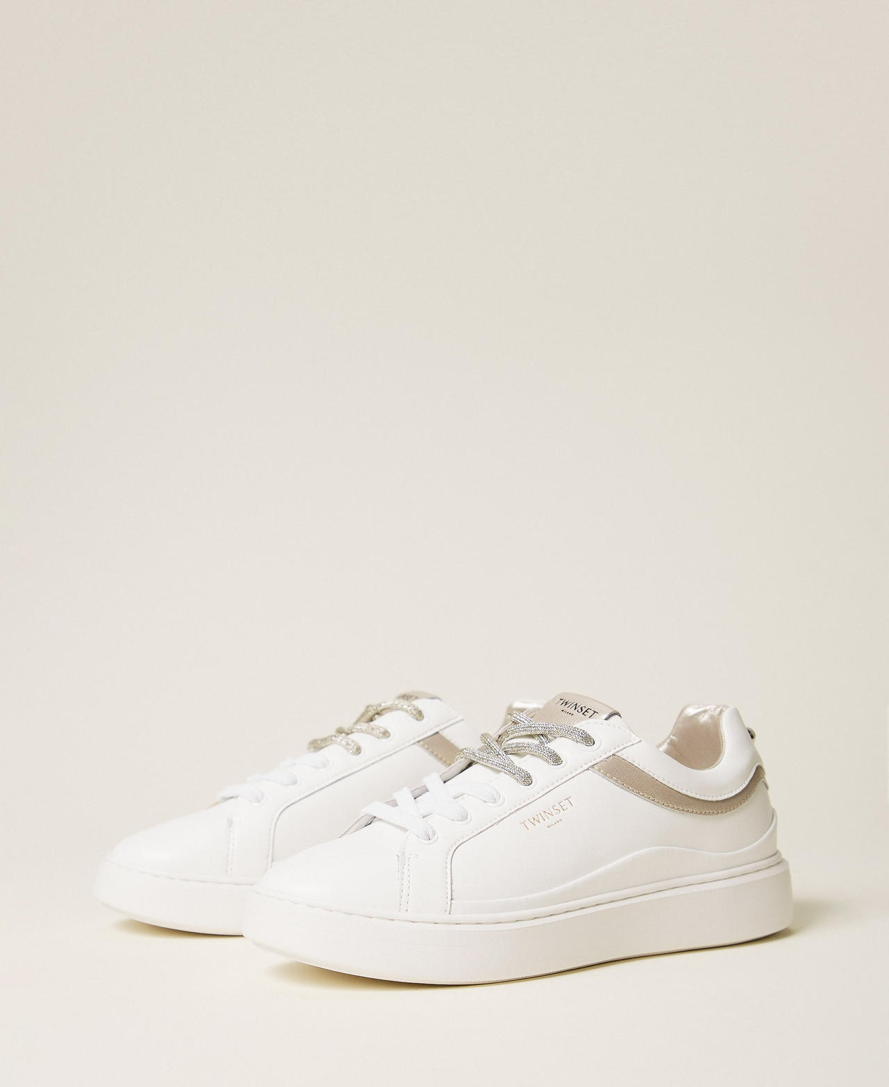 Leather trainers with contrasting inserts Two-tone Optical White/Platinum Woman 261TCP016_13246_02