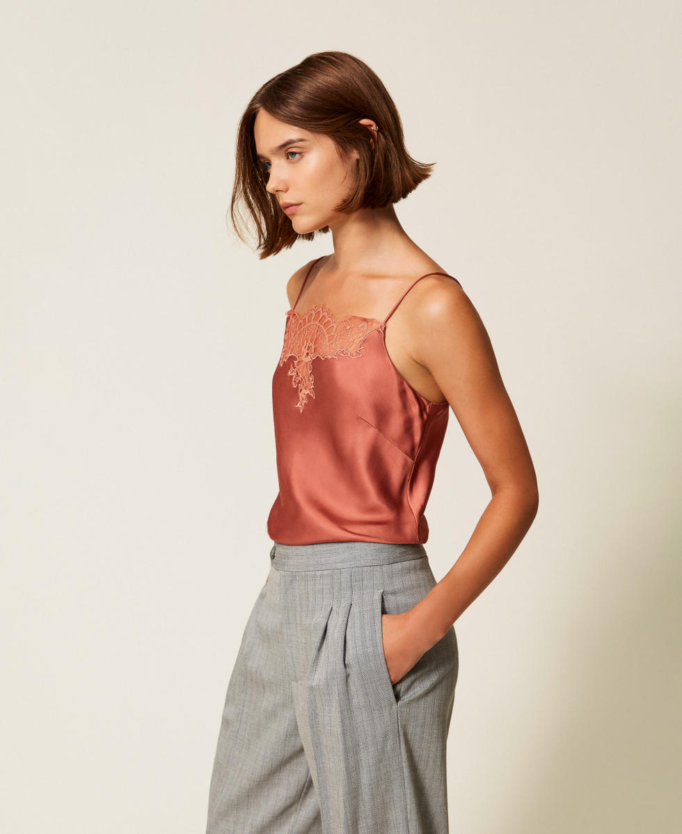 Satin and lace top Rust Brown Woman 252TP2391_12608_02