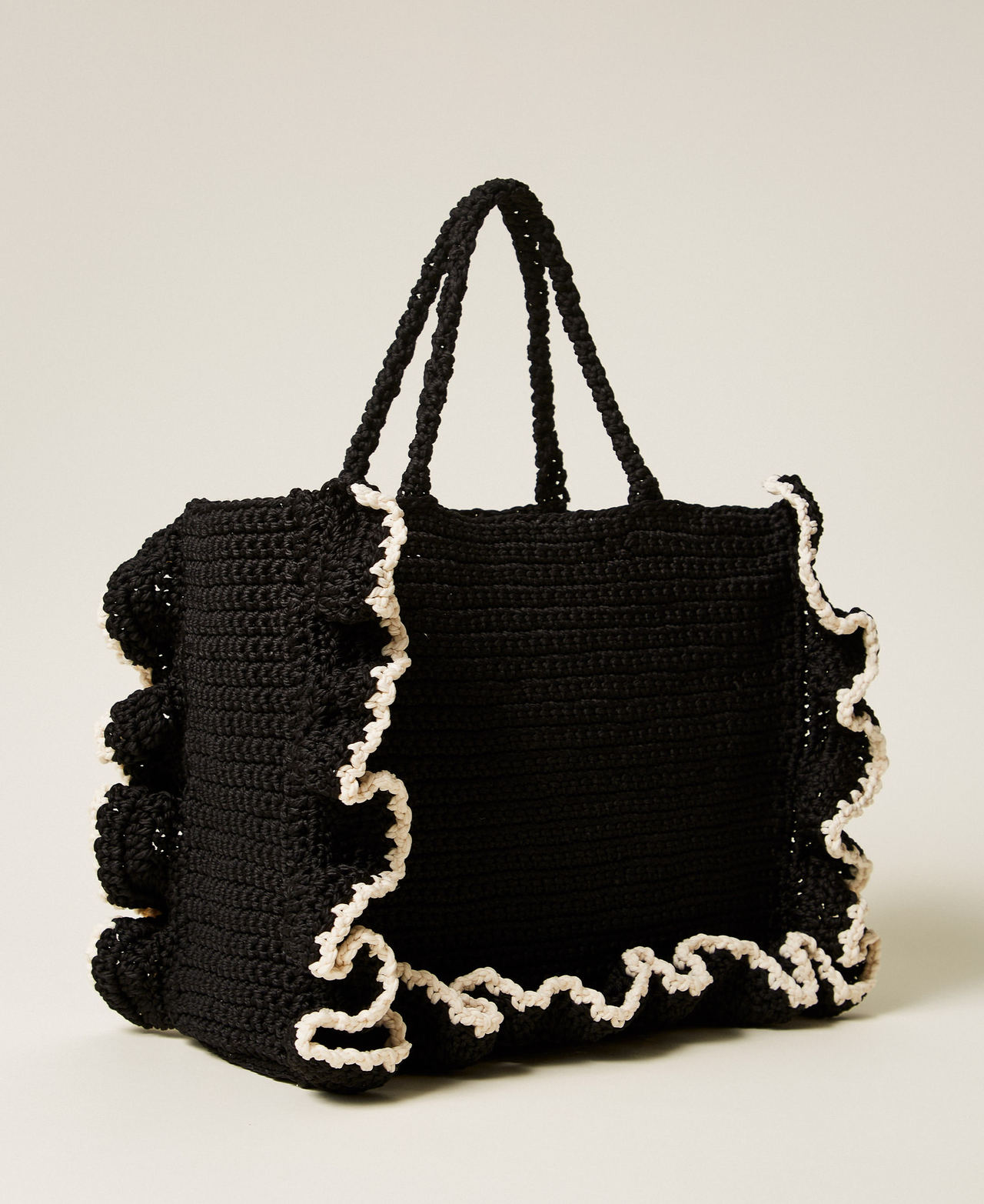 Borsa shopper crochet con balze Bicolor Nero / Bianco "Madreperla" Donna 261TD8290_06571_03