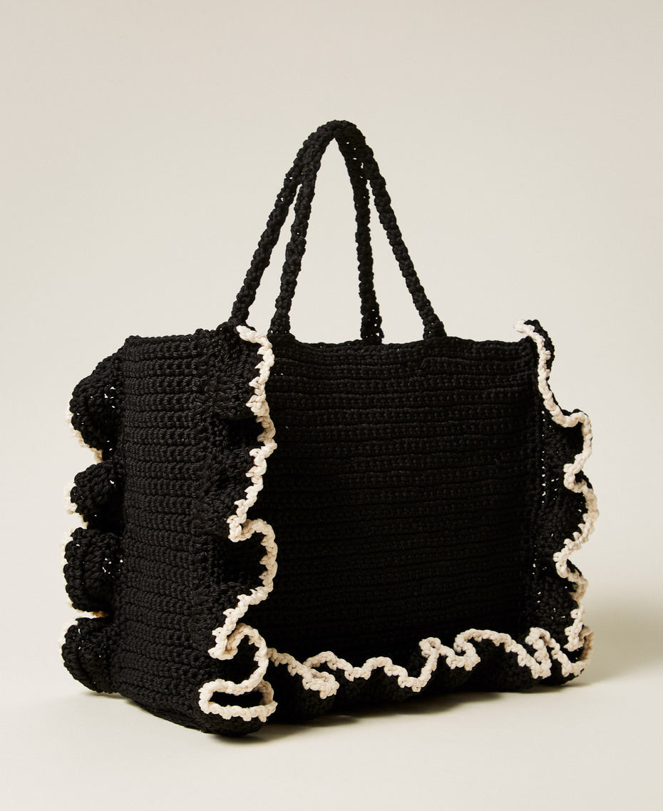 Crochet shopper bag with flounces Bicolour Black / Mother-of-pearl White Woman 261TD8290_06571_03