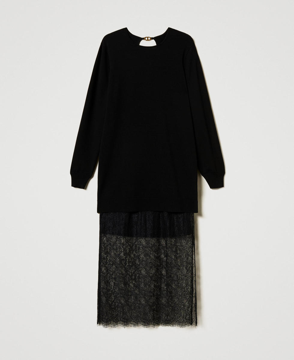 Short knit dress and lace skirt Woman, Black | TWINSET Milano