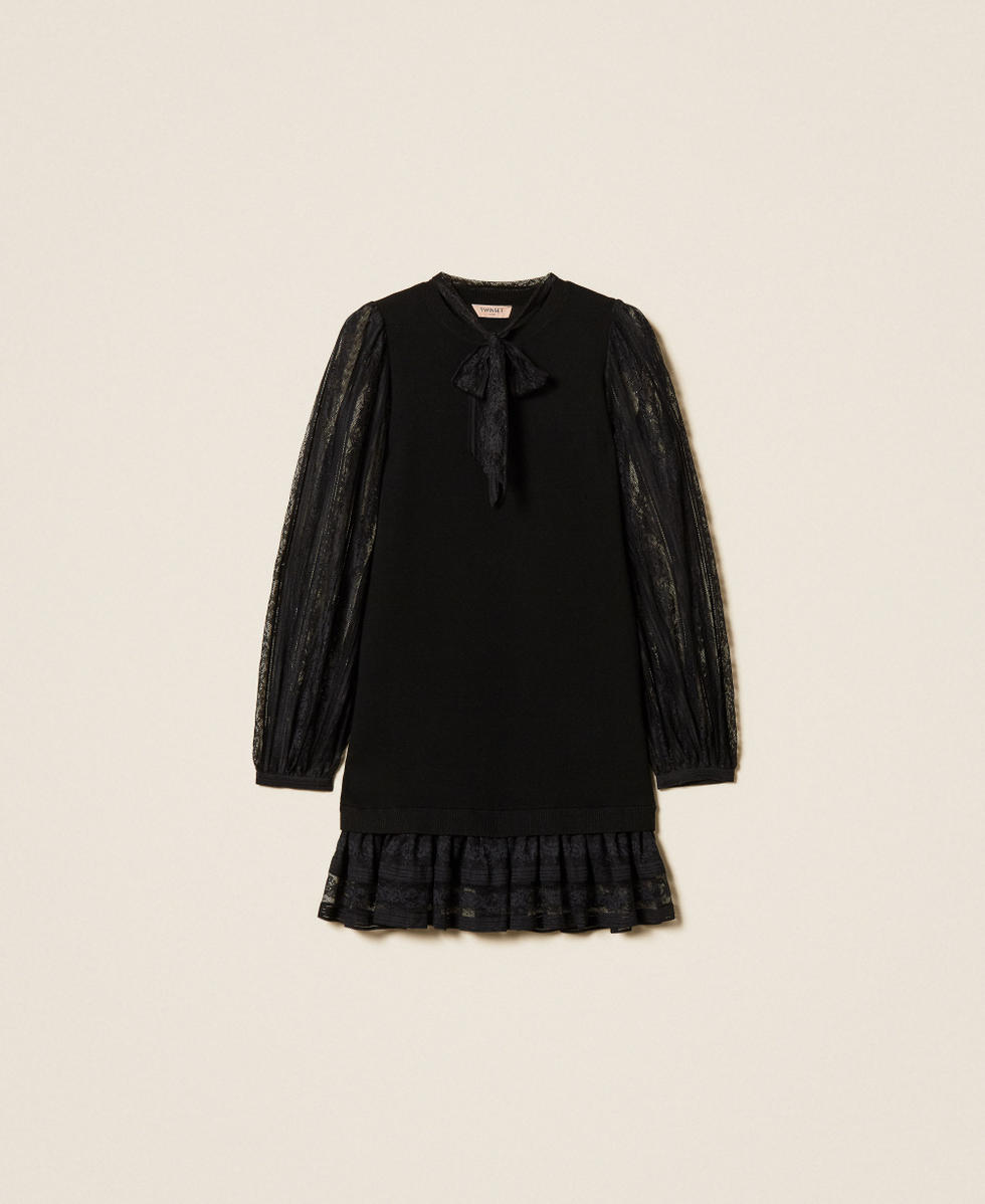 Robe courte en maille et dentelle Noir Femme 261TP3430_00006_S0