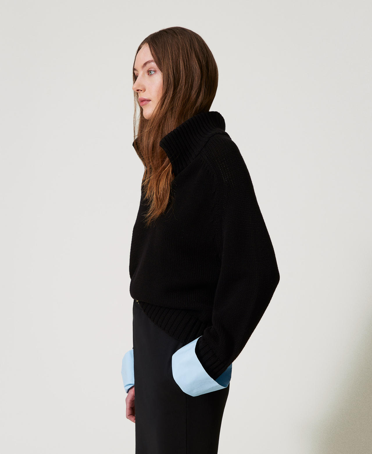 Cotton and poplin jumper Two-tone Black/Airy Blue Woman 251TE3050_12291_02