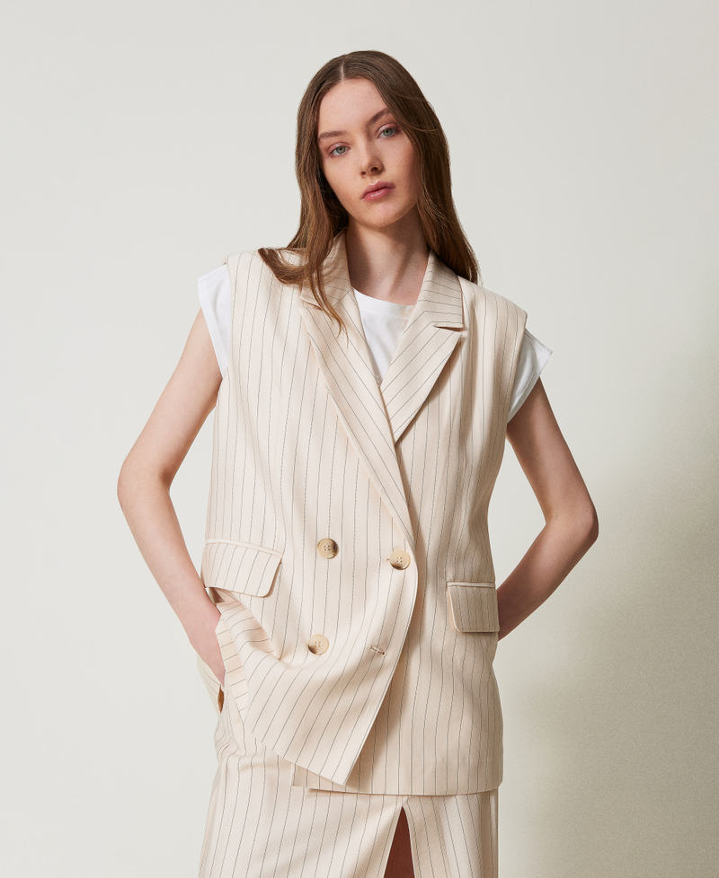 Sleeveless double-breasted pinstripe jacket Beige/Black Pinstripe Woman 251LL2AAA_12247_01