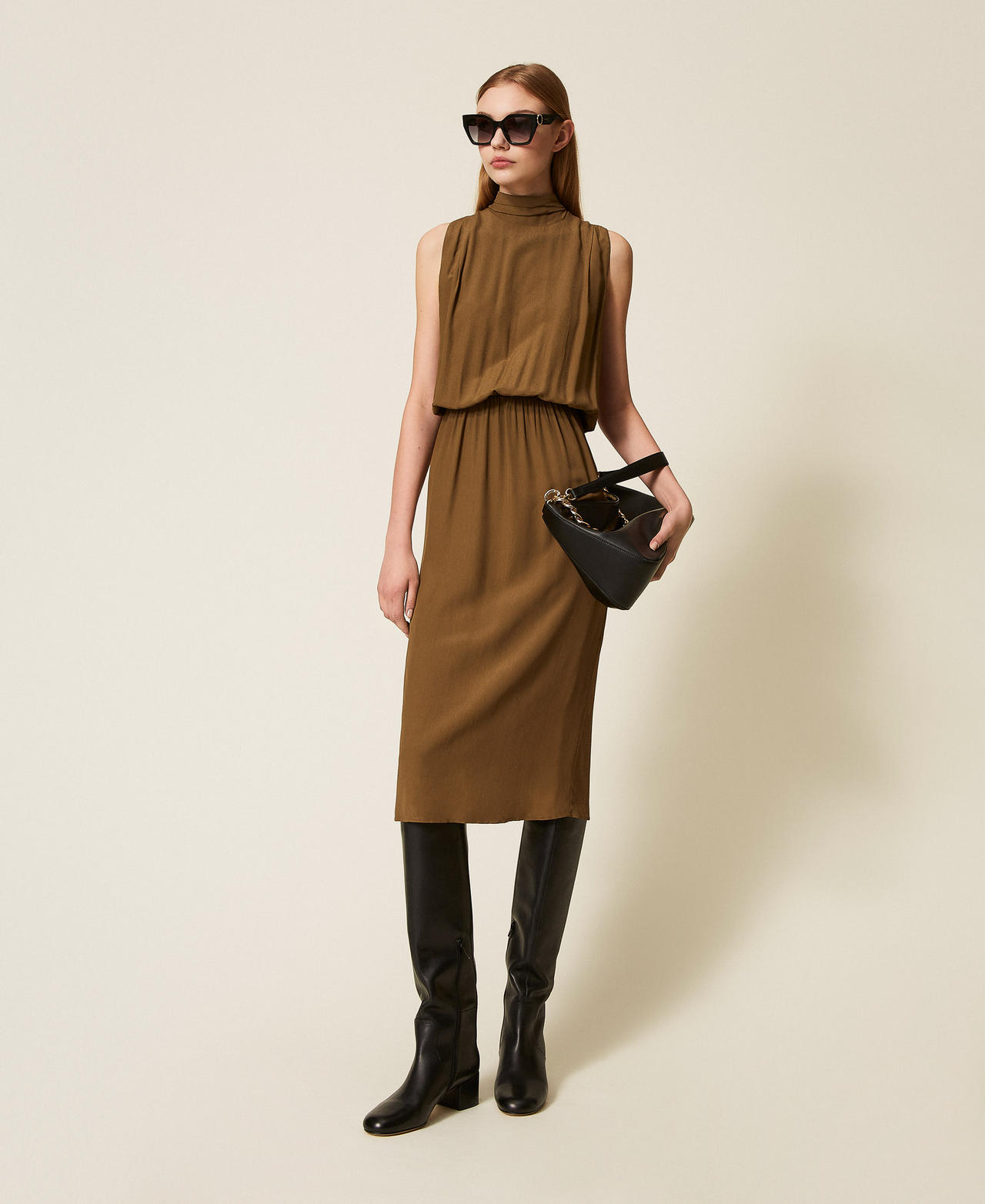 Cr&ecirc;pe de Chine midi dress Beech Green Woman 252TF2080_12537_01