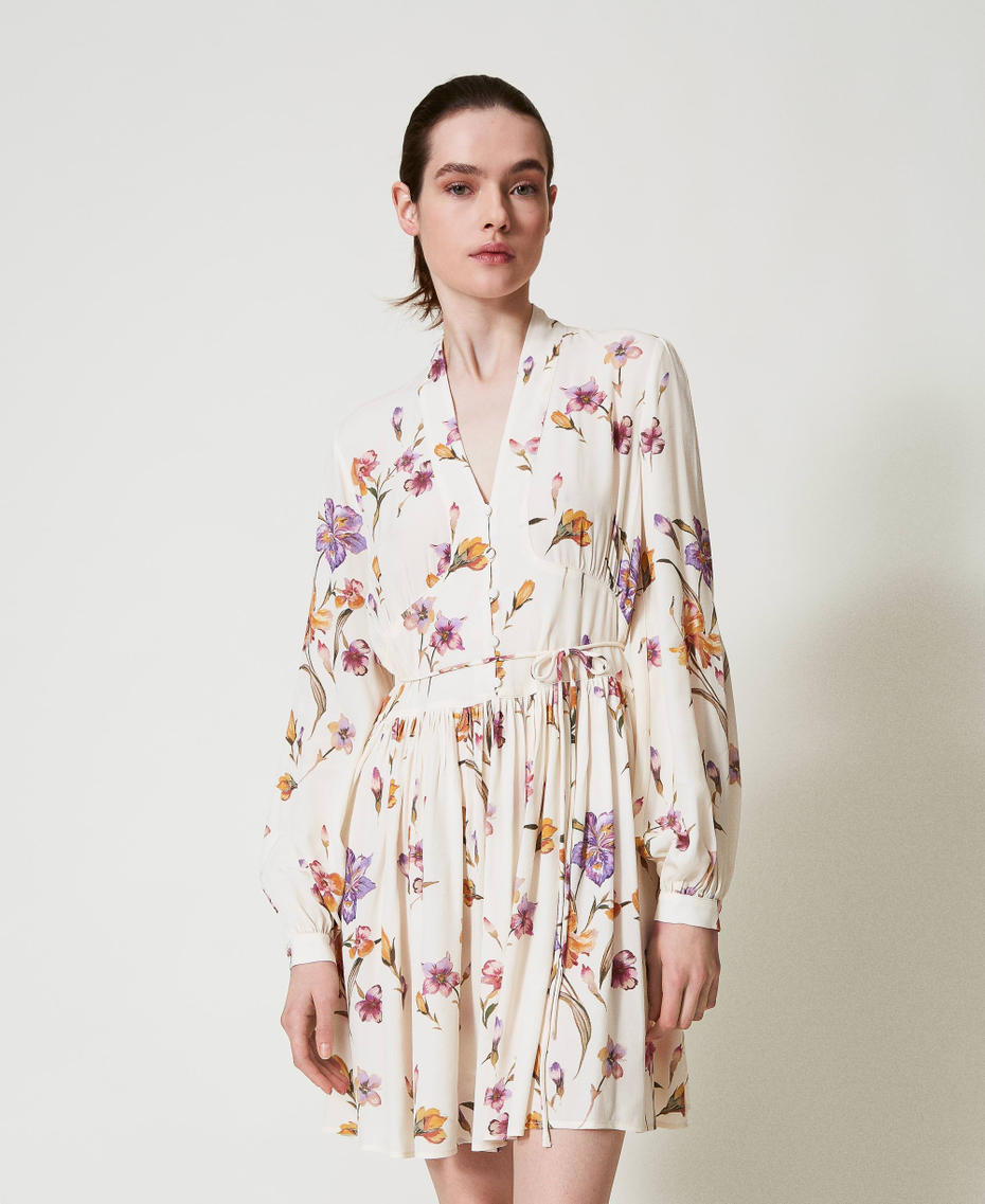 Short cr&ecirc;pe de Chine floral dress Multicolour/Mother of Pearl Iris Print Woman 251TP2773_12329_01