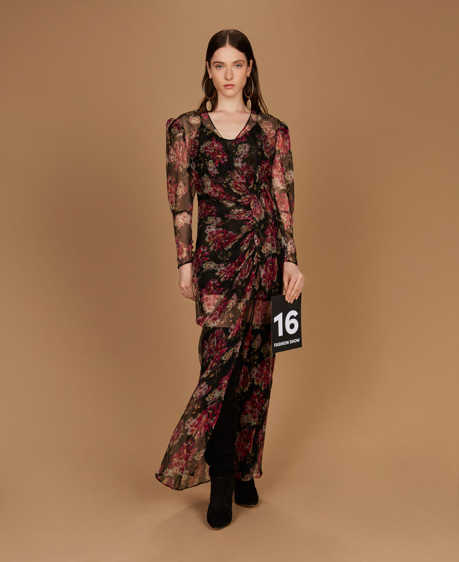 Long silk creponne floral dress Black/Magenta Floral Print Woman 252TS2353_13099_PS