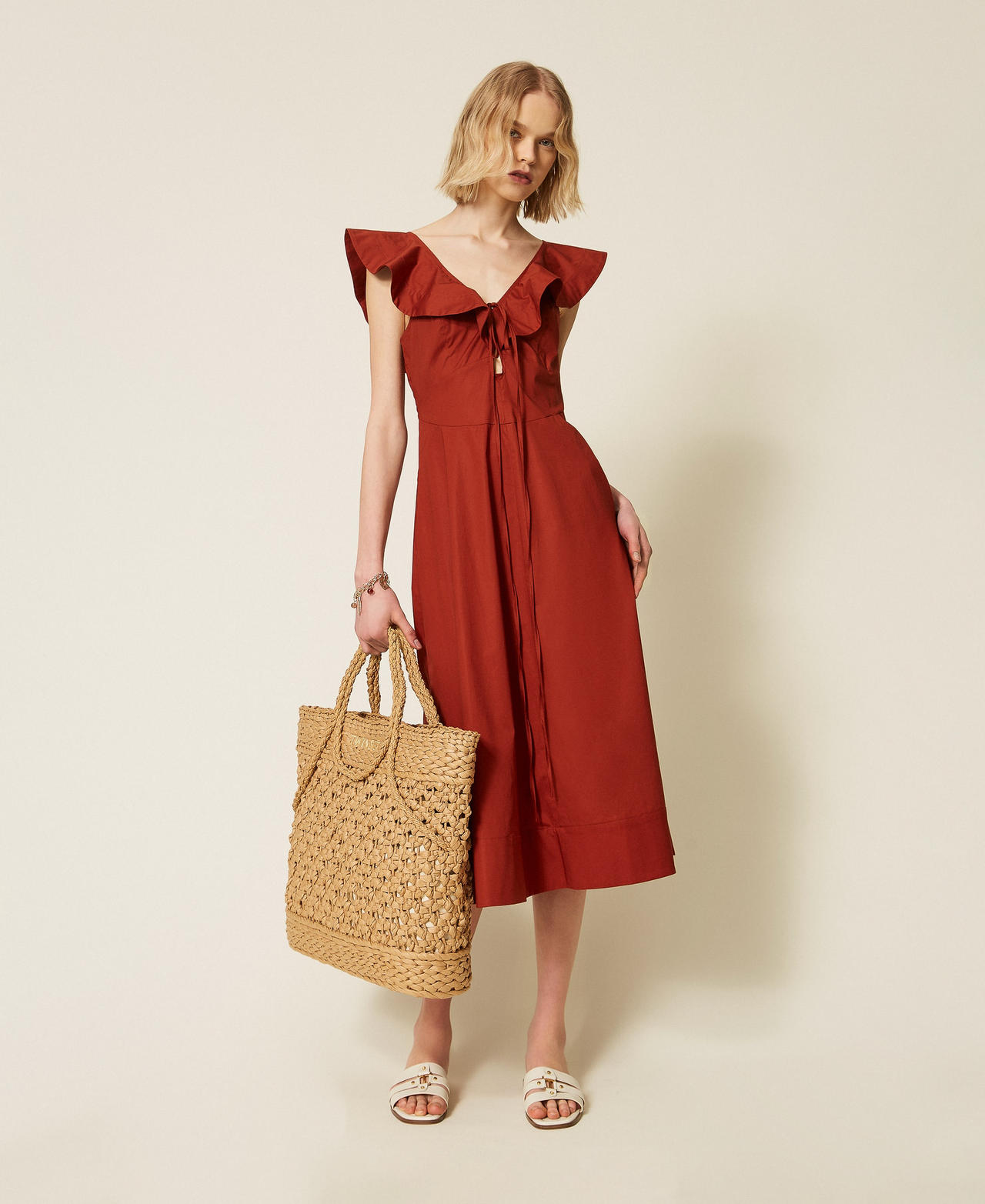 Robe midi en popeline avec volants