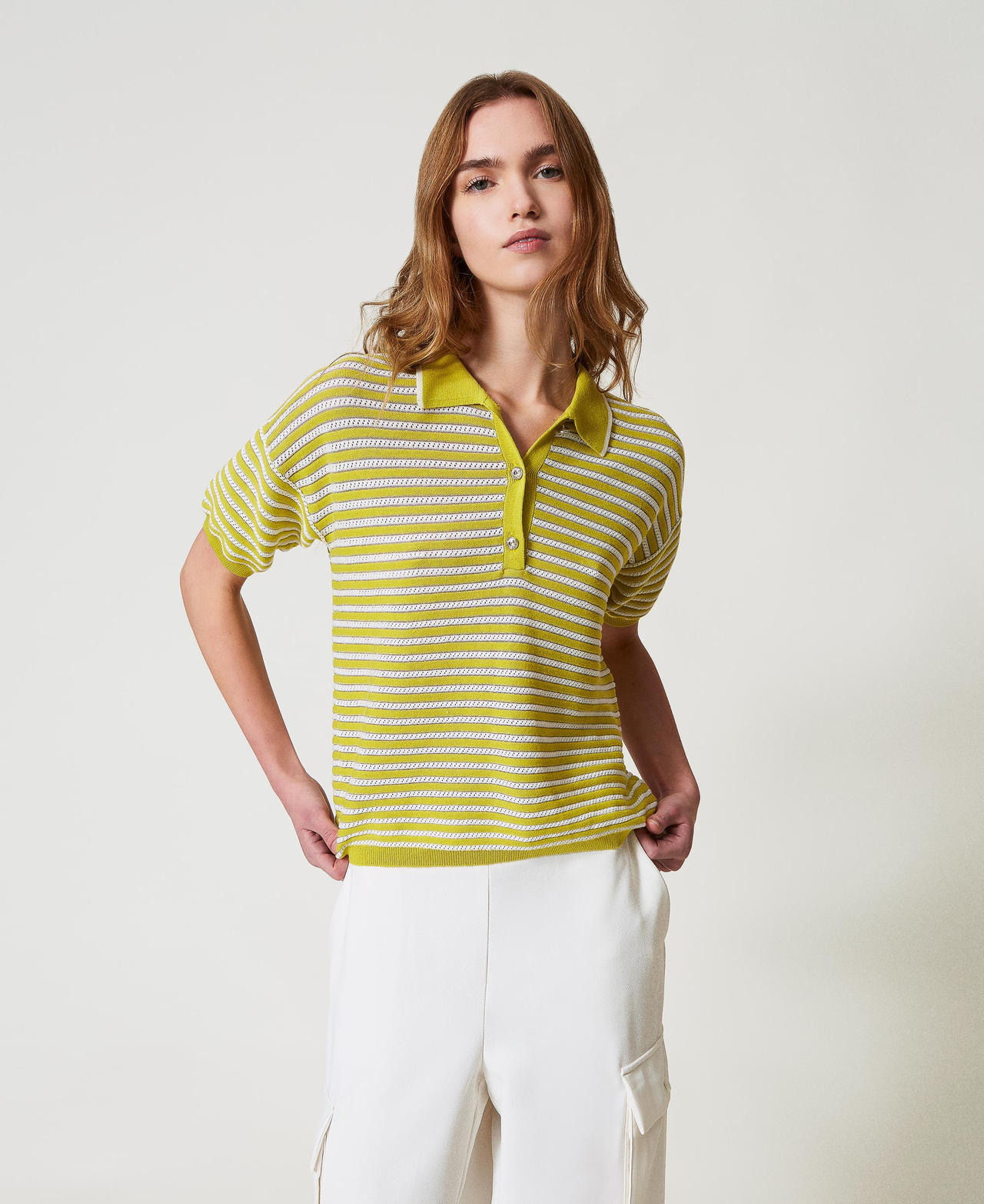 Jersey de polo con rayas de lúrex Bicolor Sugar / Citronelle Mujer 251AP3020_12177_01