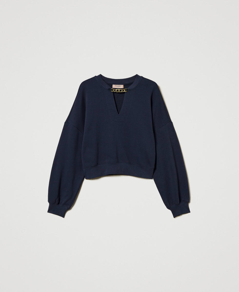 Kurzes Sweatshirt mit &bdquo;Oval T&ldquo;-Kette Blue Night Frau 251TP2483_00238_S0