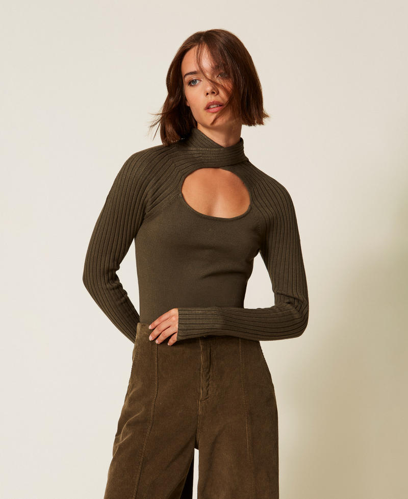Pull ajusté avec ajour Vert « Green Olive » Femme 252LI3FDD_12655_01