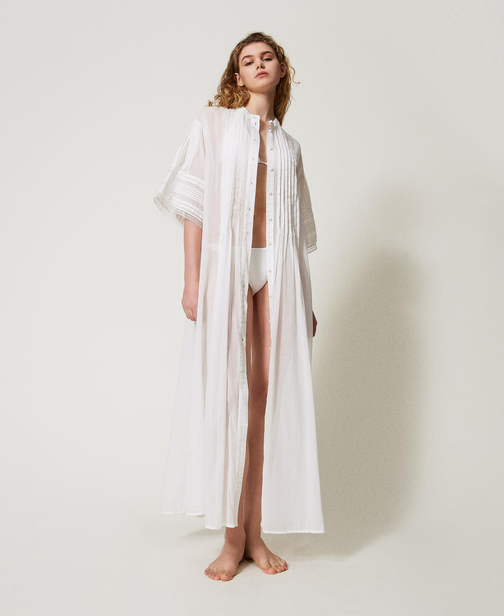 Long muslin kaftan with lace Sugar White Woman 251LM2WBB_00632_01