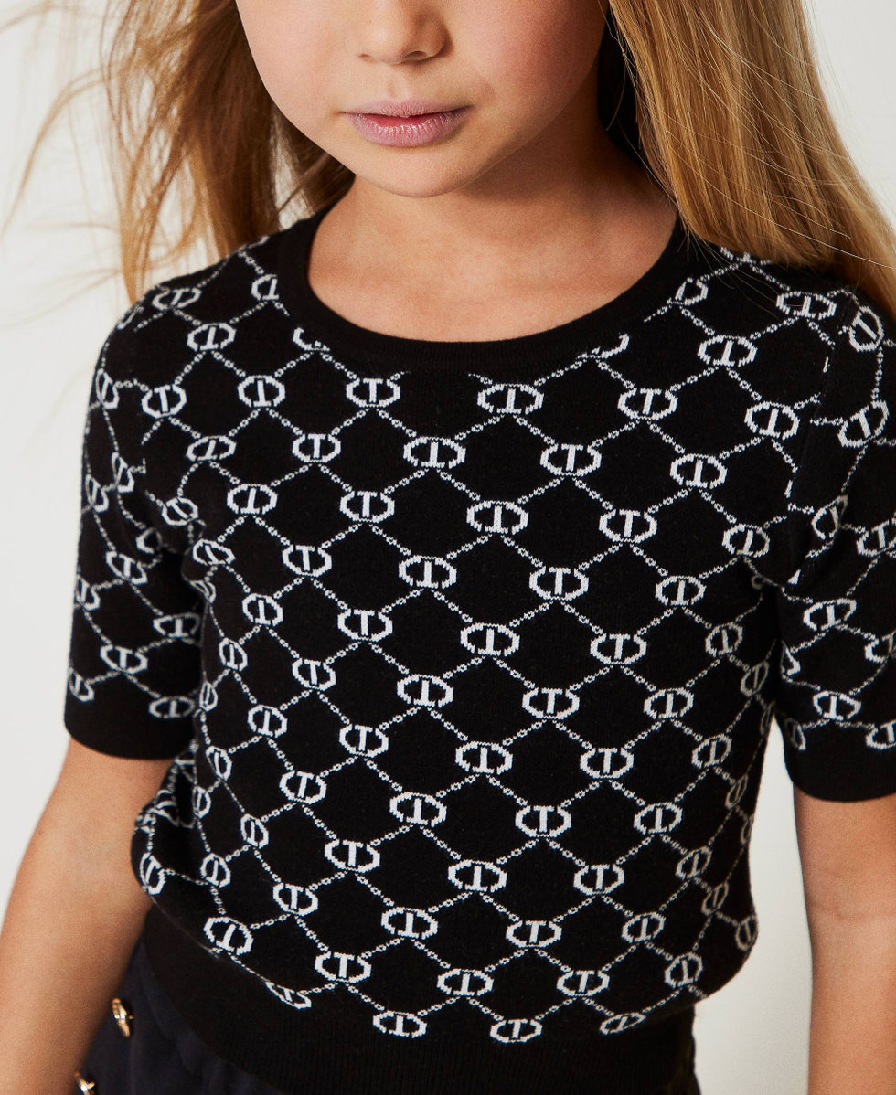 Crew neck jumper with Oval T jacquard Bicolour Black / "Ice" White Girl 251GJ3QX1_02851_04