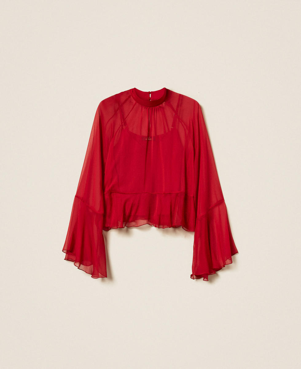 Bluse aus Voile mit Volant Kirsch Rot Frau 252AT2213_00034_S0