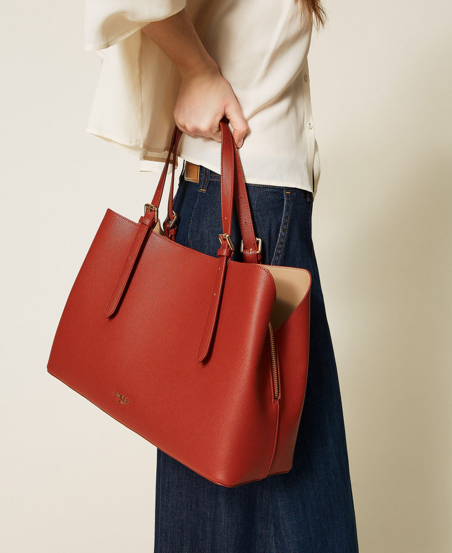 Tote-Bag mit Schnallen Zweifarbig Ziegel/"Delicate Sand"-Beige Frau 261TB7180_13315_T0