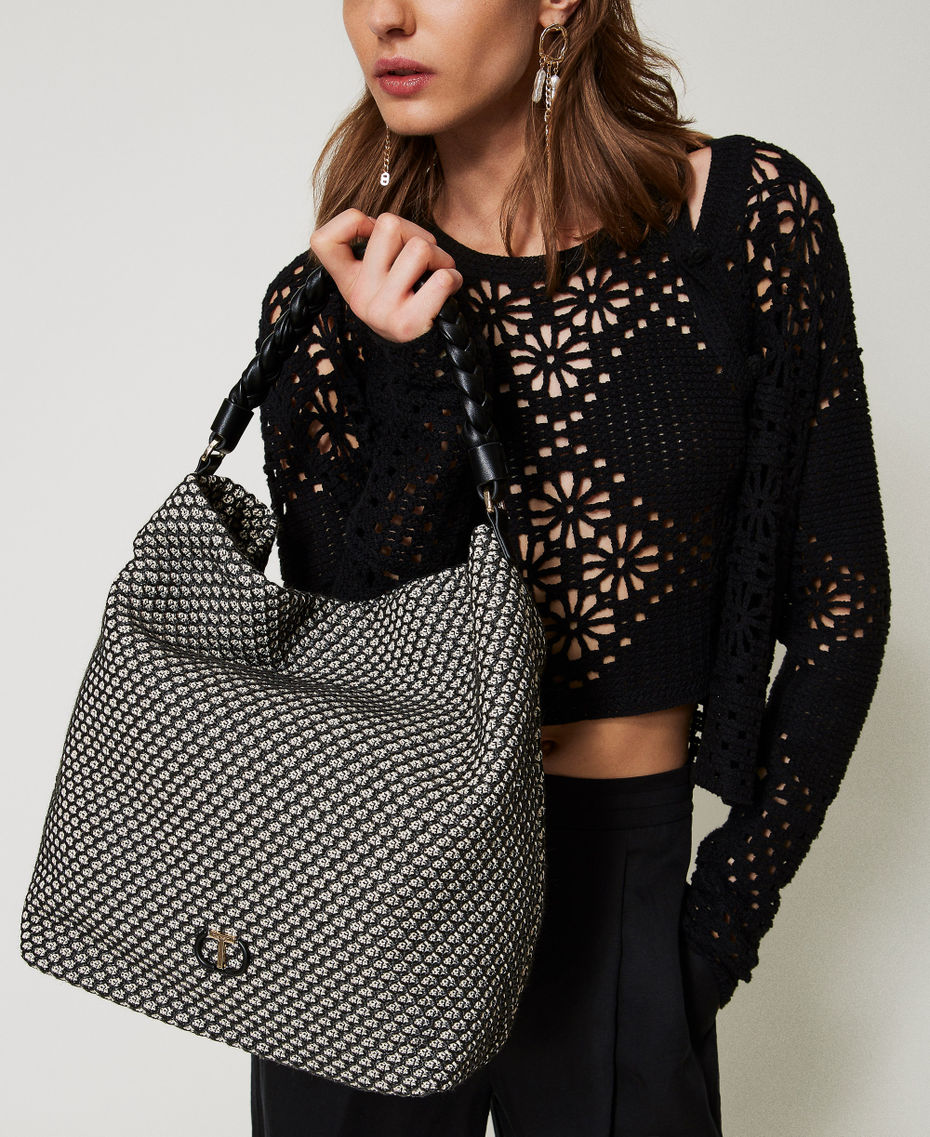 Mesh-effect canvas hobo bag Black Woman 251TD8321_00006_0T