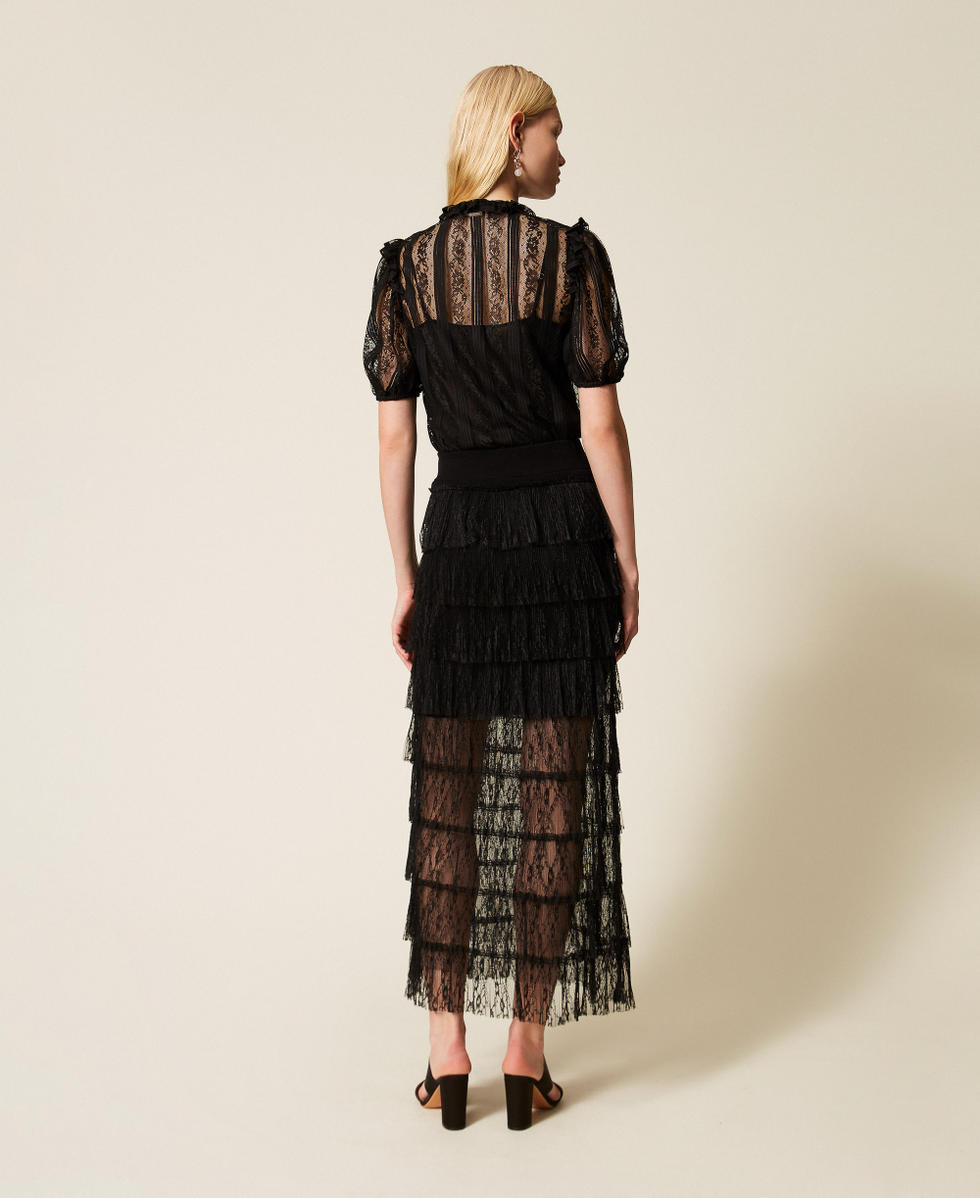 Maxirock aus Strick mit Plumetis-Spitze Schwarz Frau 261TP3164_00006_03