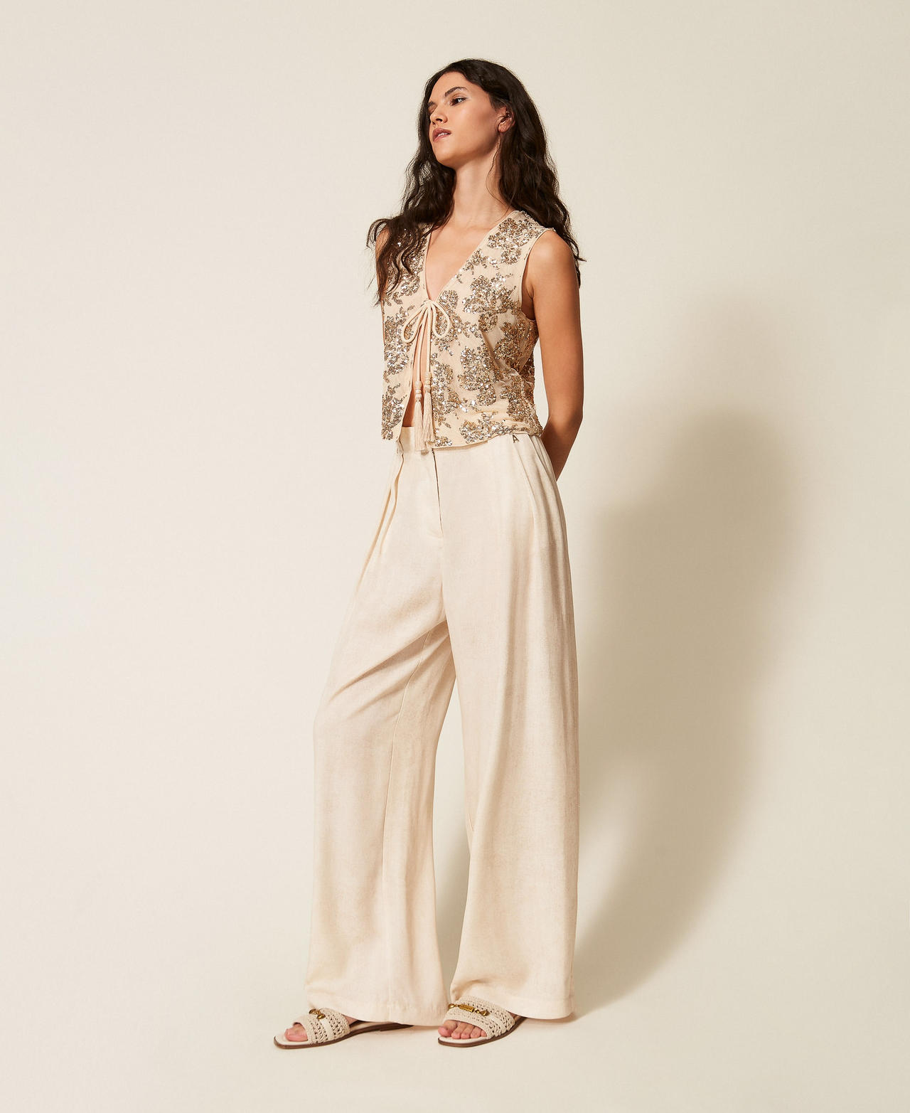 Брюки палаццо с принтом Жженый Выцветший Печатный Бежевый "Сафари" женщина 261AT2132_13461_02