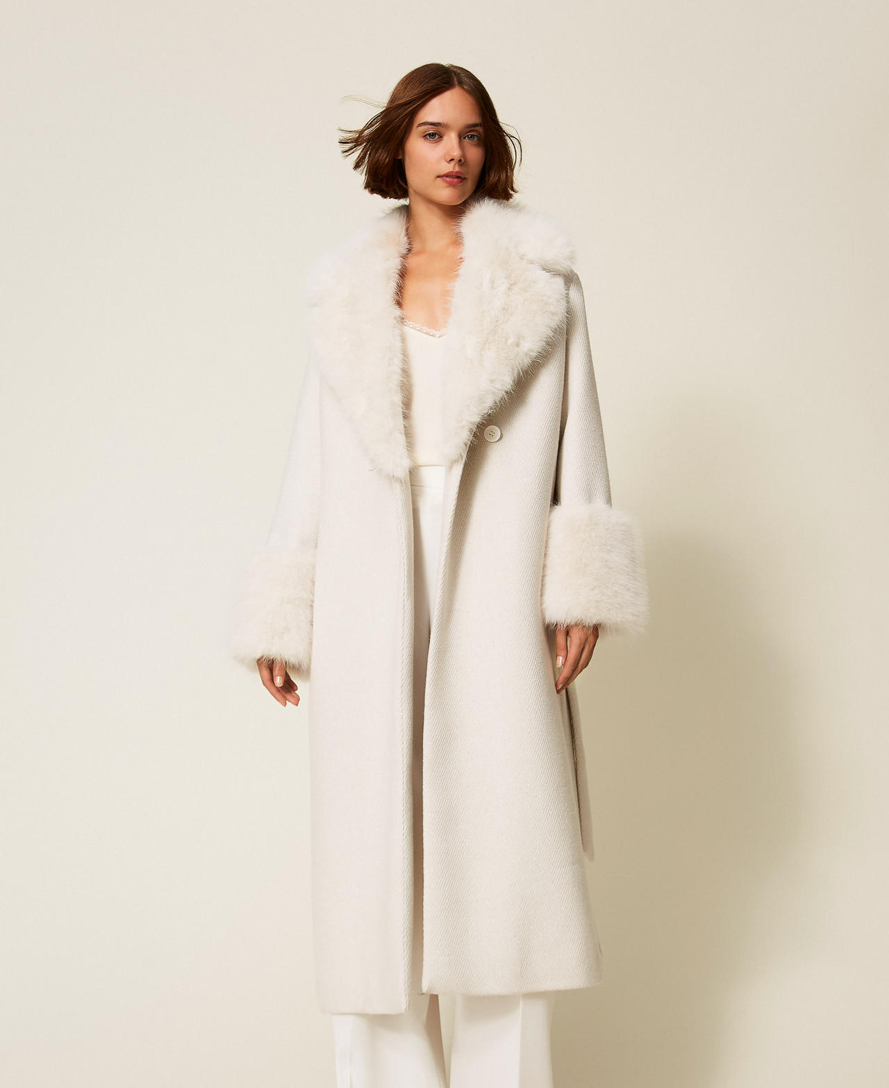 Long wool cloth coat with faux fur Snow/Silver Salt & Pepper Woman 252TT2040_12968_01
