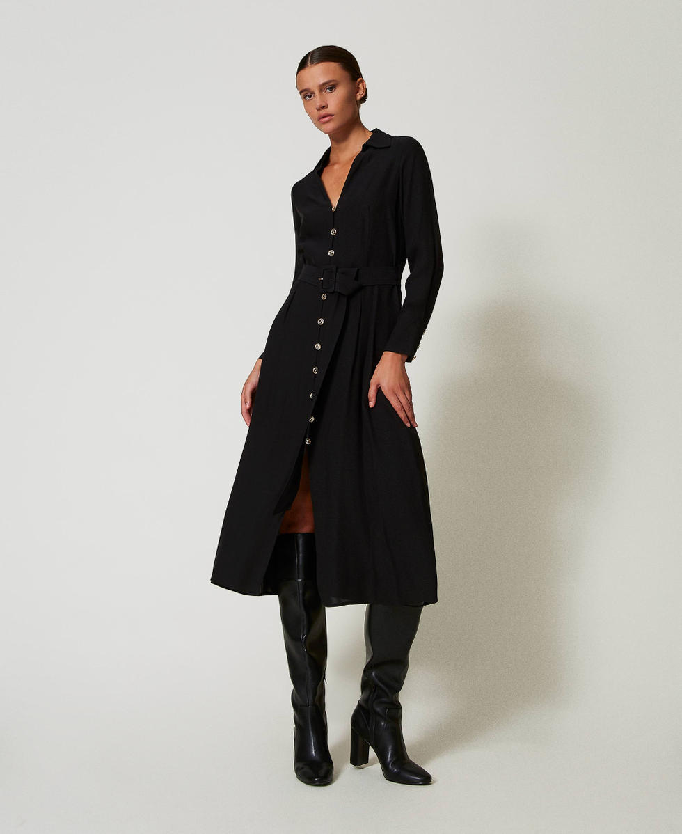 Long cr&ecirc;pe georgette shirt dress Black Woman 242TT2320_00006_01