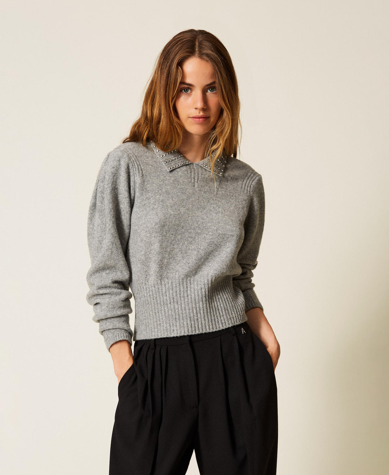 Recycled yarn polo collar jumper Light Grey Melange Woman 252AP3160_11811_01