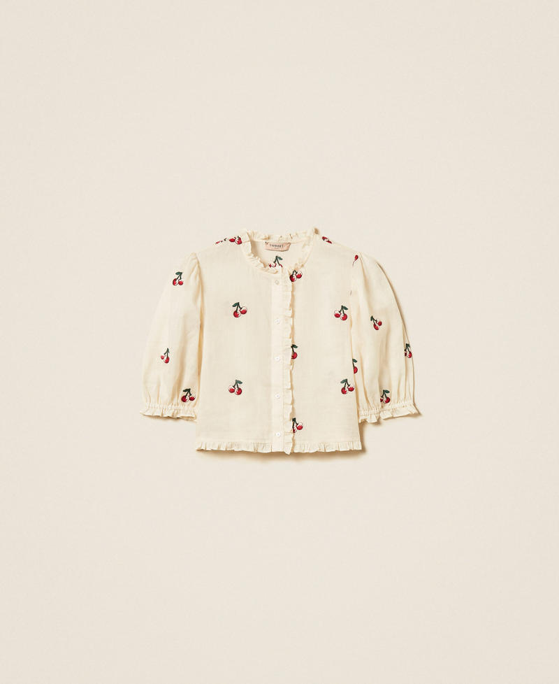 Cropped ramie shirt with cherry embroidery Parchment White/Cherry Red Embroidery Woman 261TT2420_13577_S0