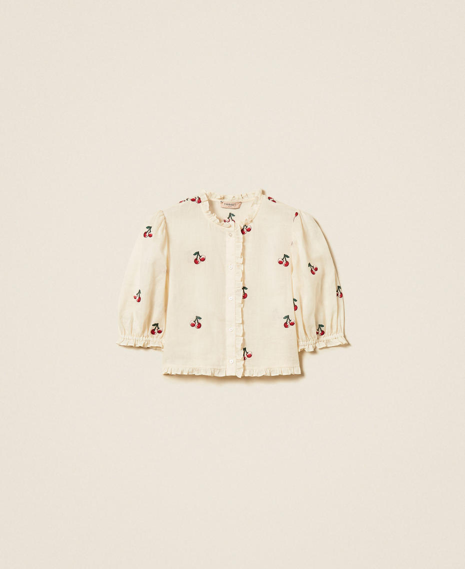 Cropped ramie shirt with cherry embroidery Parchment White/Cherry Red Embroidery Woman 261TT2420_13577_S0