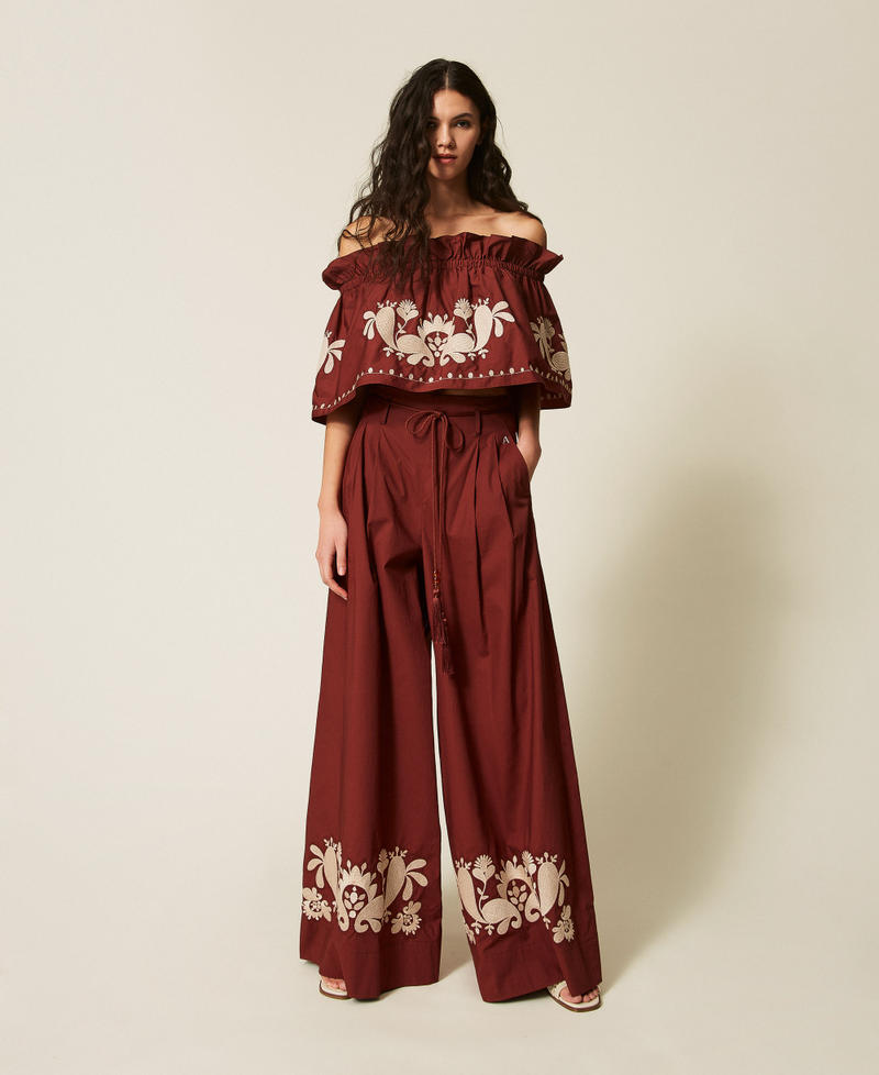 Poplin palazzo trousers with embroidery Brown Red Clay Woman 261AT2043_00260_01