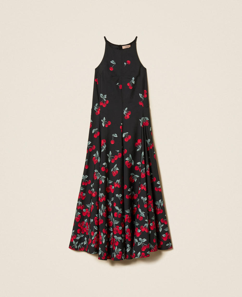 Long poplin dress with cherry print Black/Red Cherries Degrad&egrave; Woman 261TT2591_13502_S0