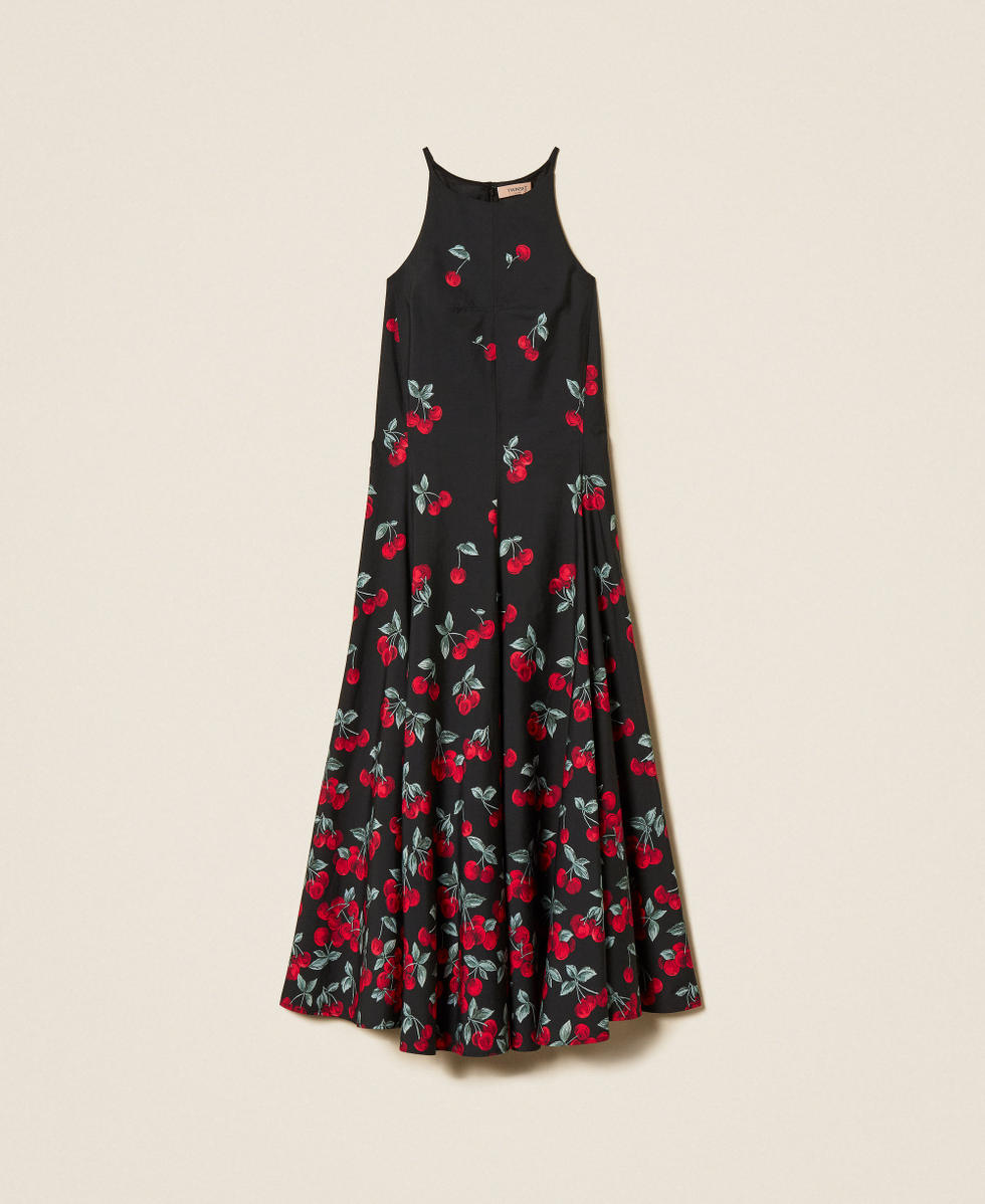 Abito lungo in popeline con stampa ciliegie Cherries Degrad&egrave; Black / Red Donna 261TT2591_13502_S0