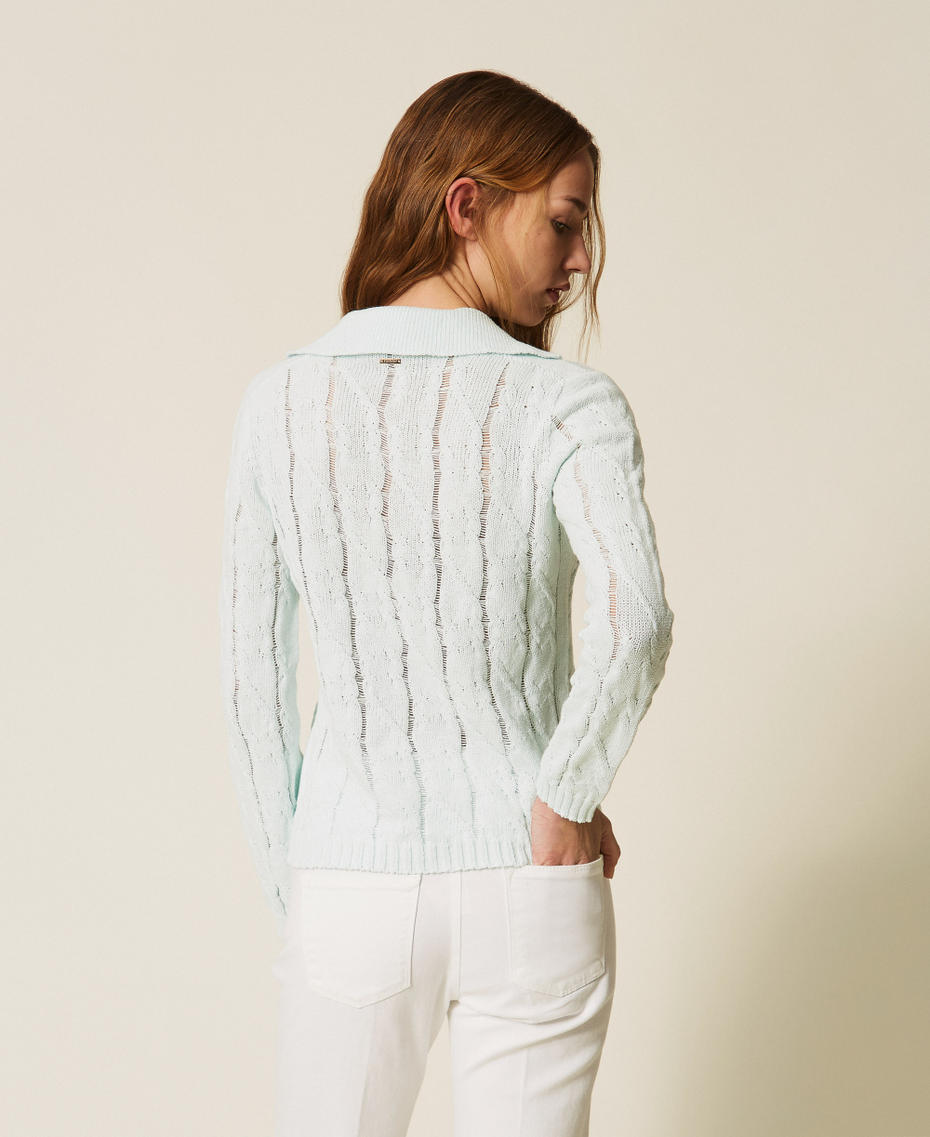 Polo collar cable knit jumper with brooch Aqua Blue Woman 261TP3490_13162_03
