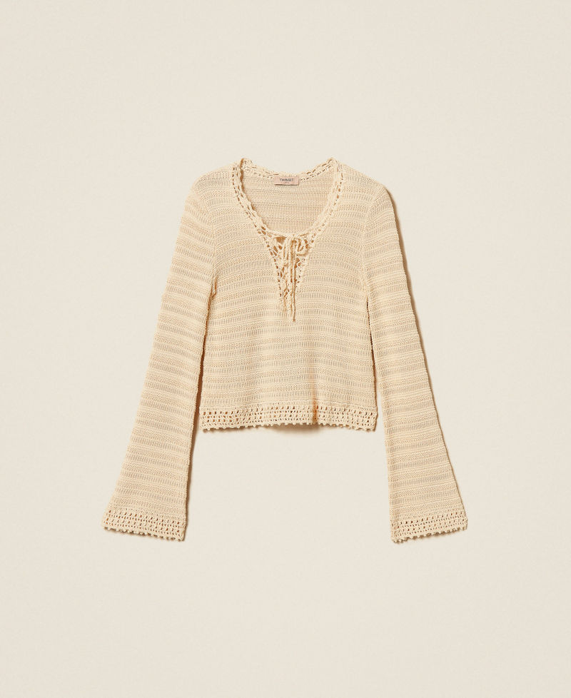 Pullover im H&auml;keldessin mit Schn&uuml;ren &bdquo;Parchment&ldquo;-Beige Frau 261TT3062_07222_S0