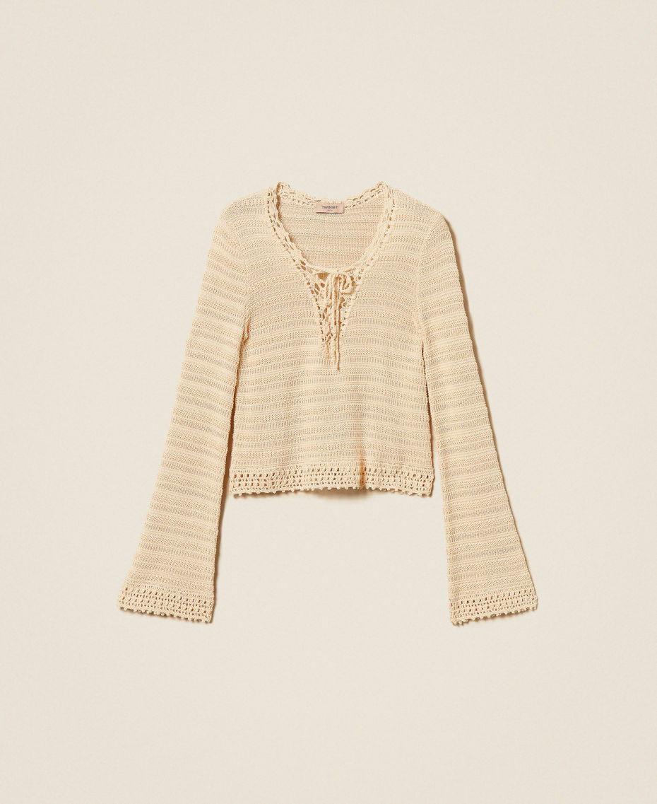 Pullover im H&auml;keldessin mit Schn&uuml;ren &bdquo;Parchment&ldquo;-Beige Frau 261TT3062_07222_S0