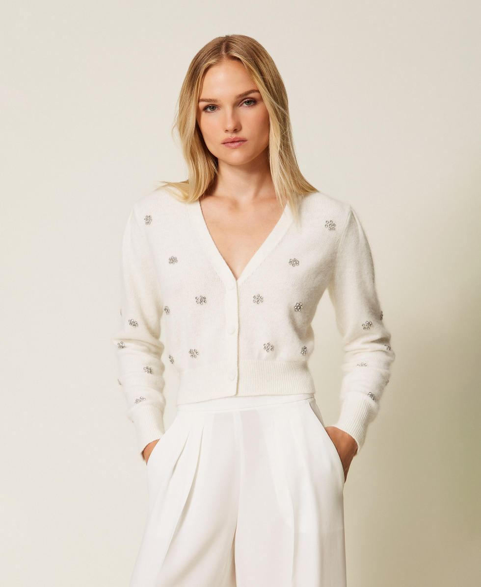 Cardigan aus Angorawollmischung mit Stickerei Weiß Schnee Frau 252TT3180_00282_01
