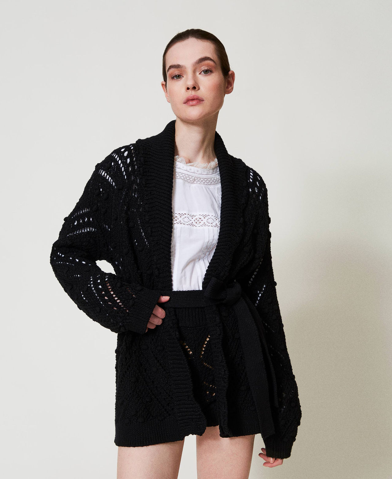 Strickcardigan mit Lochmuster und Gürtel Frau, Schwarz | TWINSET